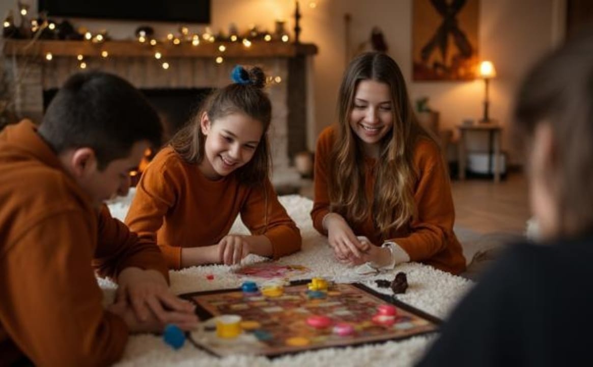 Four people sit on the floor in a cozy living room, playing a colorful board game and smiling. Warm lighting, string lights, and the gentle glow from a working furnace pilot light create an inviting atmosphere in the background.