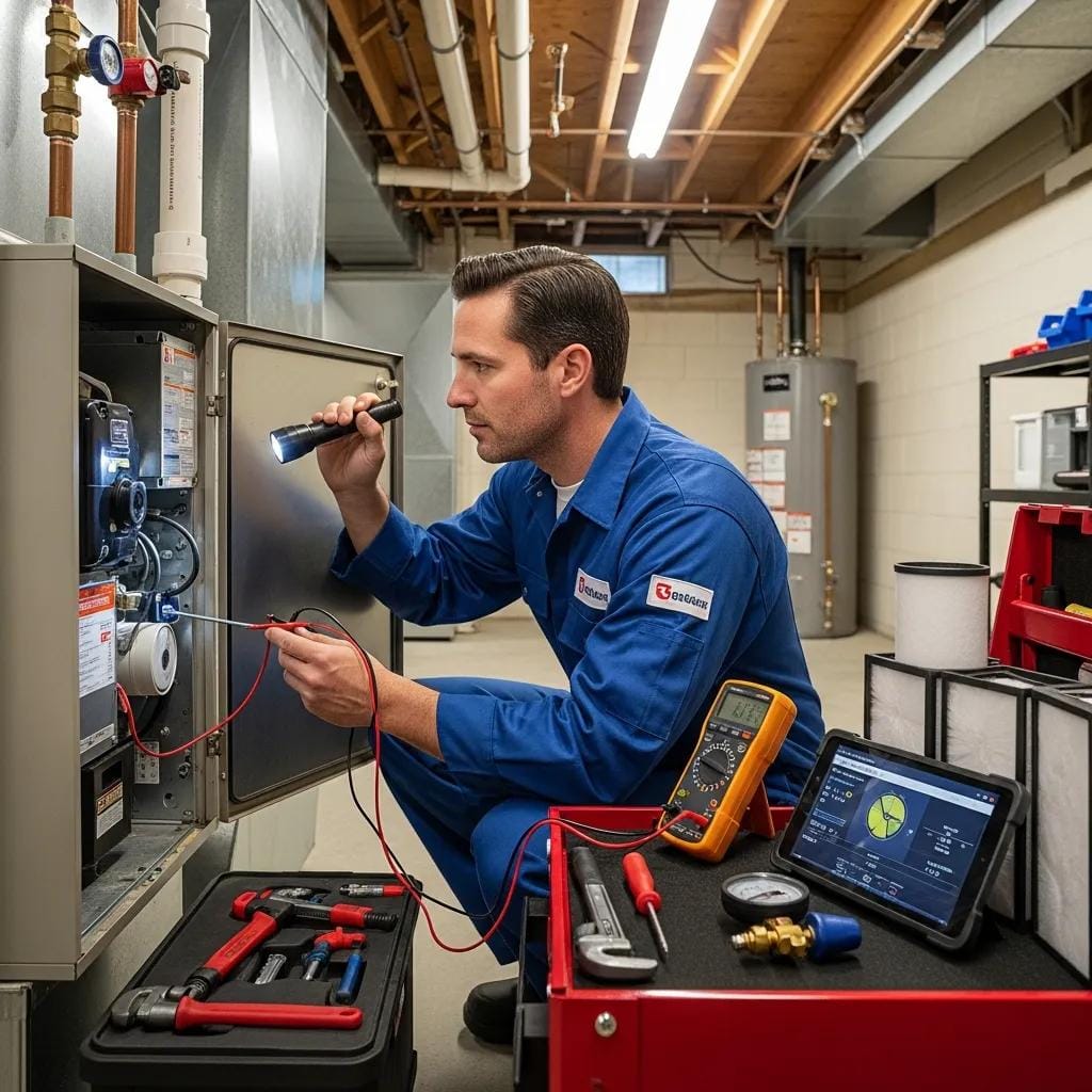 HVAC technician inspecting a furnace, representing professional repair services and costs