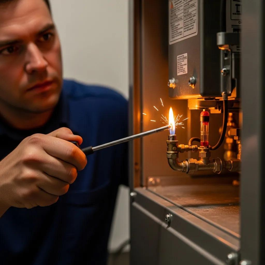 Person relighting a furnace pilot light, demonstrating safe and effective procedures
