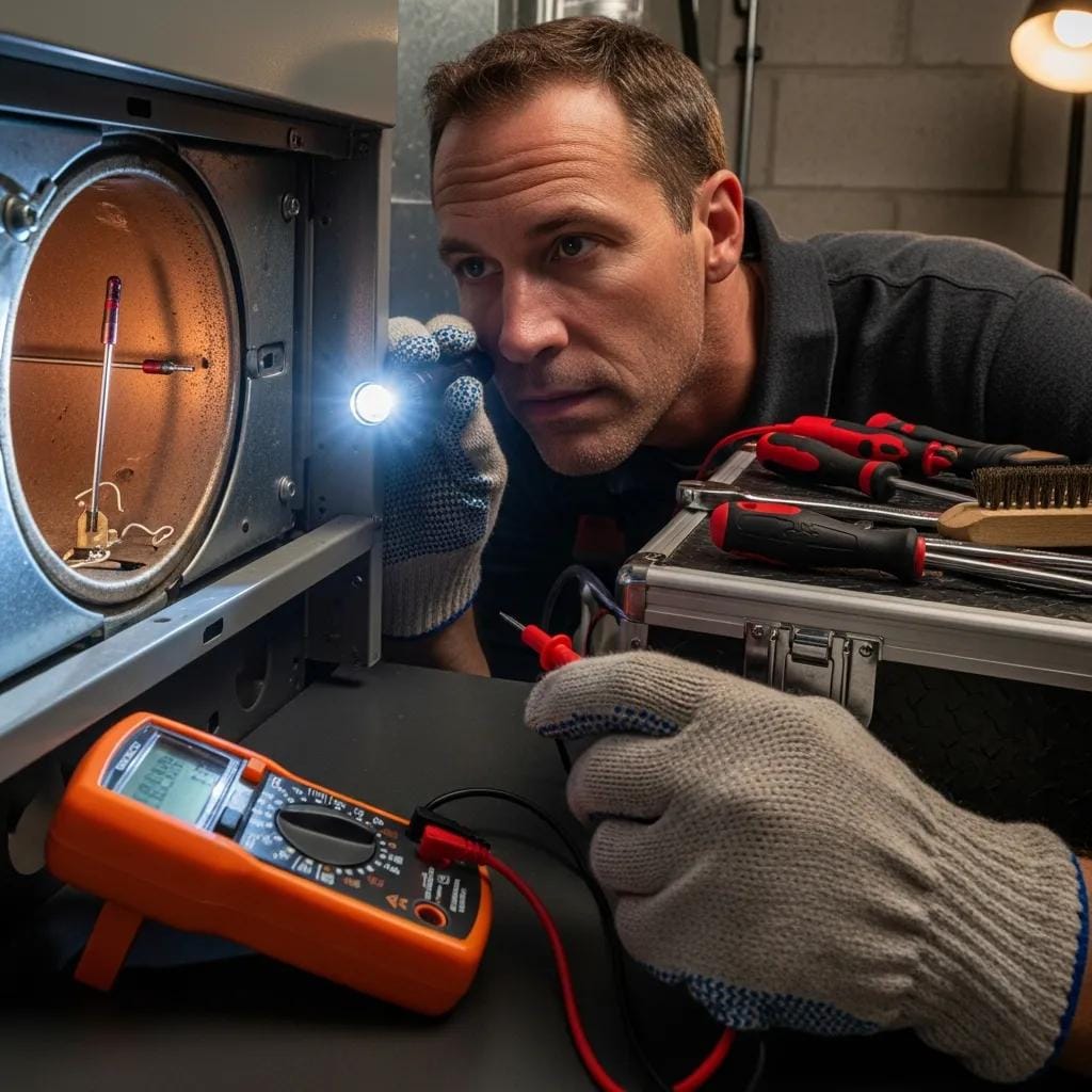 Technician inspecting a furnace thermocouple, emphasizing maintenance and troubleshooting