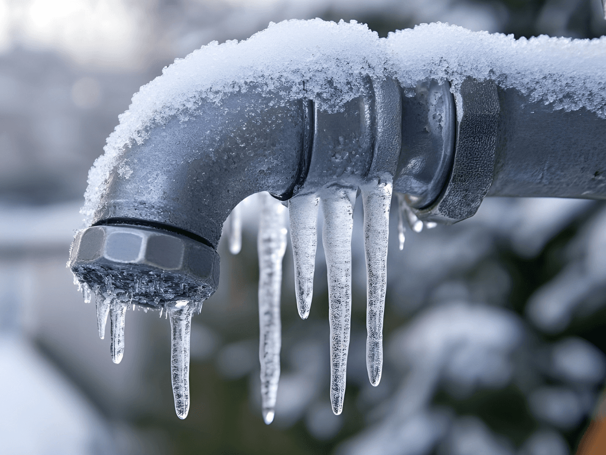 A metal outdoor pipe is covered with frost and icicles, indicating freezing temperatures—a reminder to insulate and take steps to prevent burst pipes.