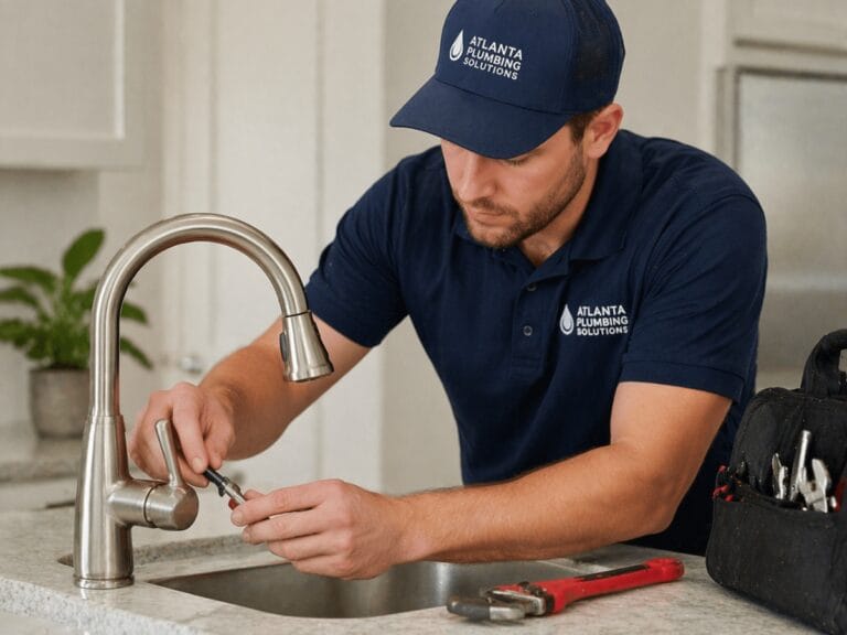 A plumber in a navy uniform repairs a kitchen faucet with a wrench; his tool bag and another wrench are on the counter, ready for any faucet repair or installation needs.