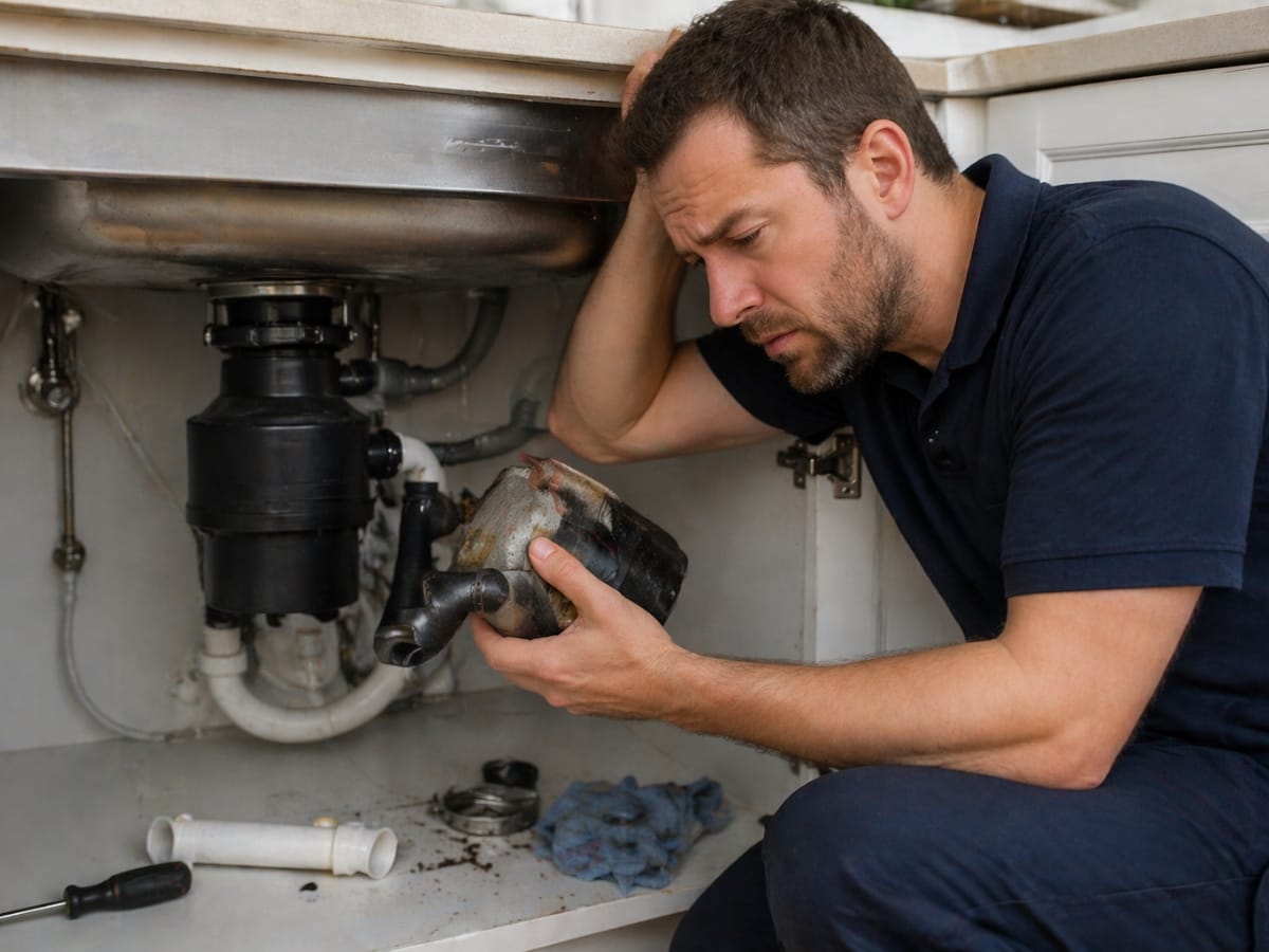 A man in work clothes examines a dirty, broken garbage disposal under a kitchen sink with exposed plumbing, appearing concerned. Tools and debris are visible nearby as he considers the repair.