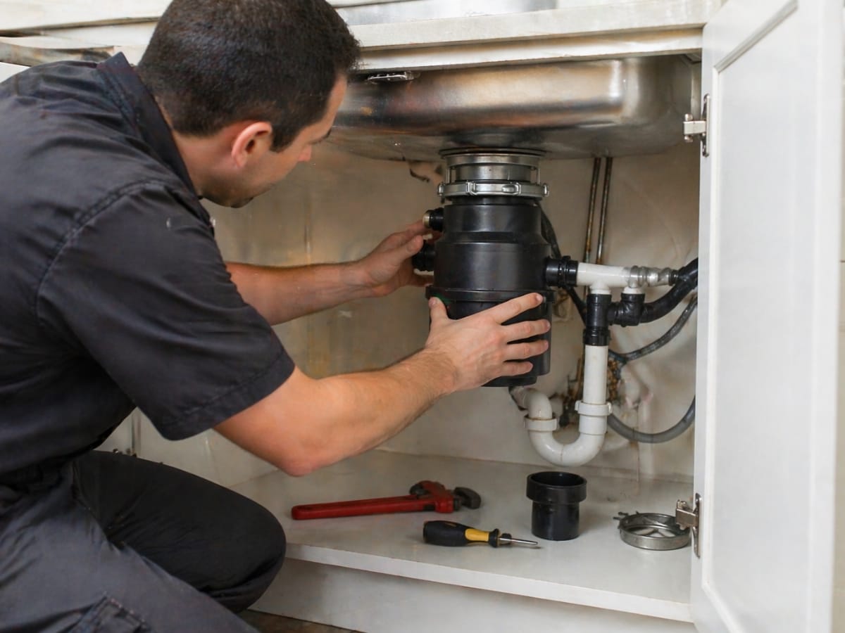 A person in work clothes performs garbage disposal repair under a kitchen sink, using tools like a wrench and screwdriver nearby.
