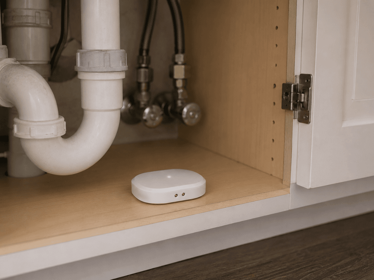 A small white smart leak detector device is placed under a kitchen sink cabinet near plumbing pipes and metal fittings.