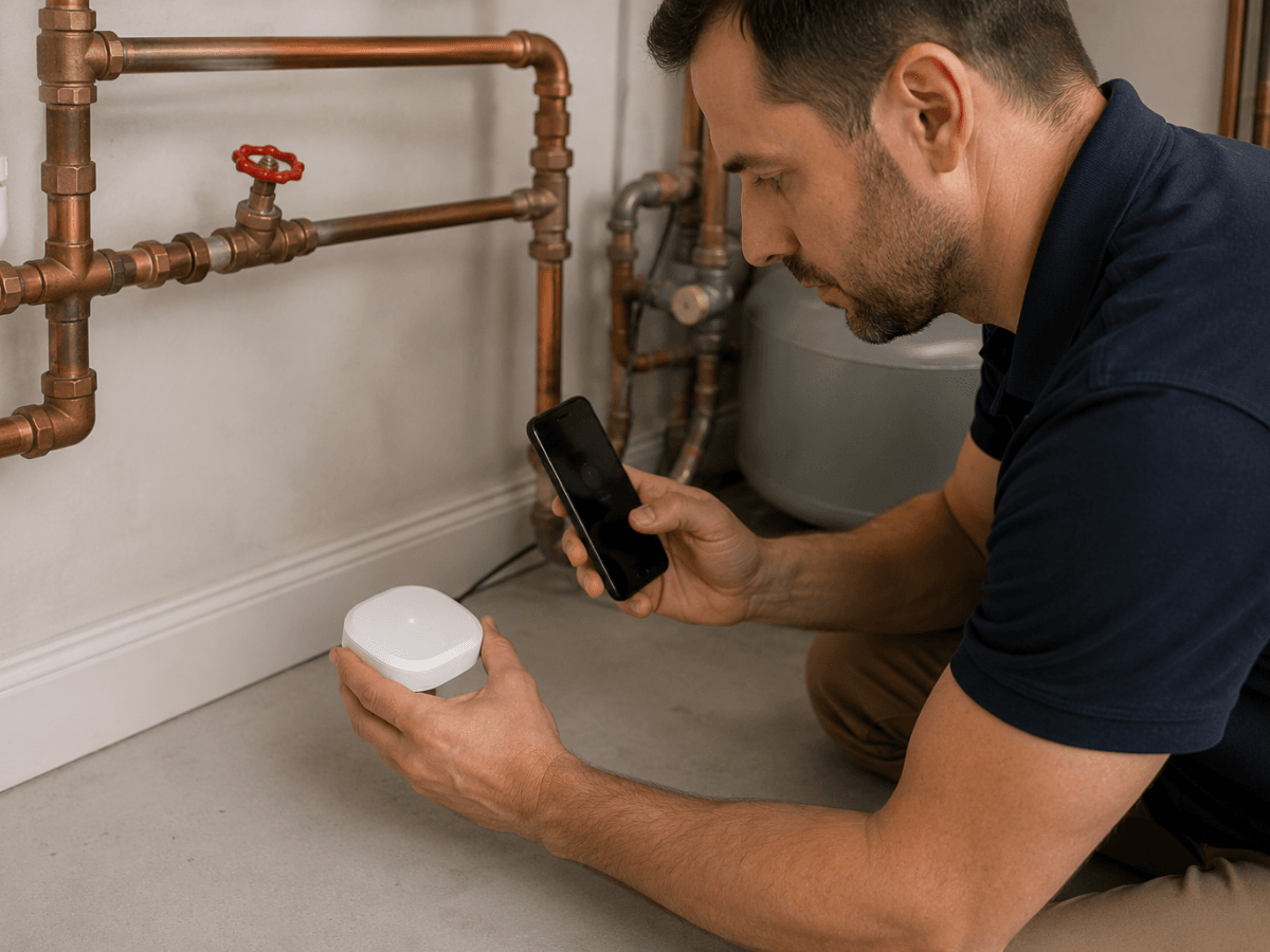 A man crouches near exposed pipes, holding a smartphone in one hand and a small white device—likely a smart leak detector—in the other, possibly setting up or inspecting equipment.