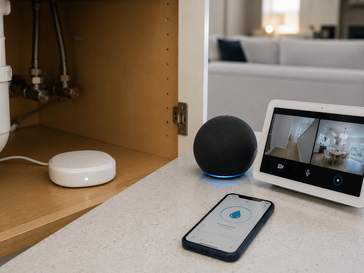 A smart leak detector under a sink, a smart speaker, a smartphone displaying a water leak app, and a smart display showing home security camera footage on a kitchen counter.