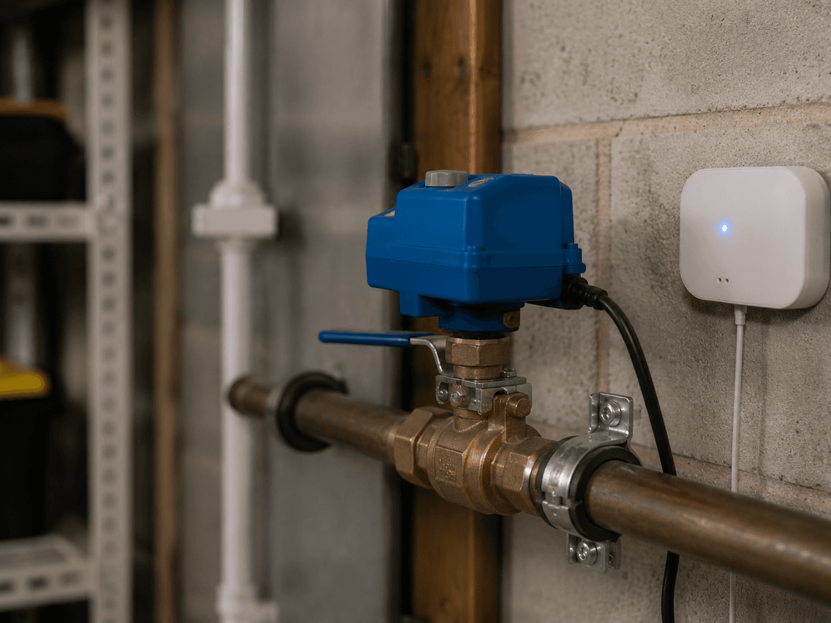 A blue electronic valve actuator is attached to a brass valve on a metal pipe, with smart leak detectors and a white wall-mounted device nearby, in an industrial or utility room setting.