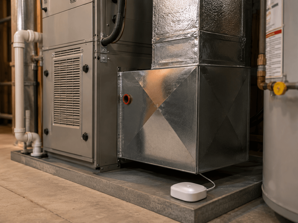 A close-up view of an HVAC system and ductwork in a basement, with a smart leak detector placed on the ground nearby.