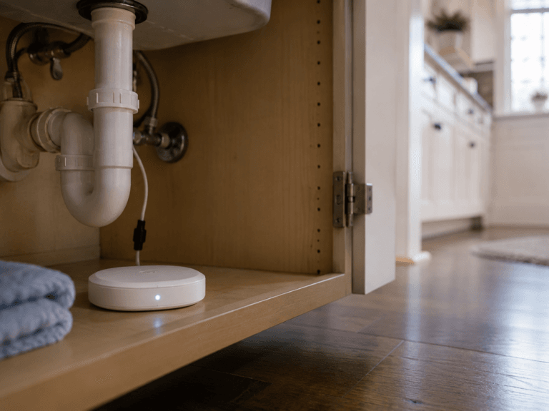 A smart leak detector is placed under a kitchen sink cabinet near pipes, next to folded blue towels.