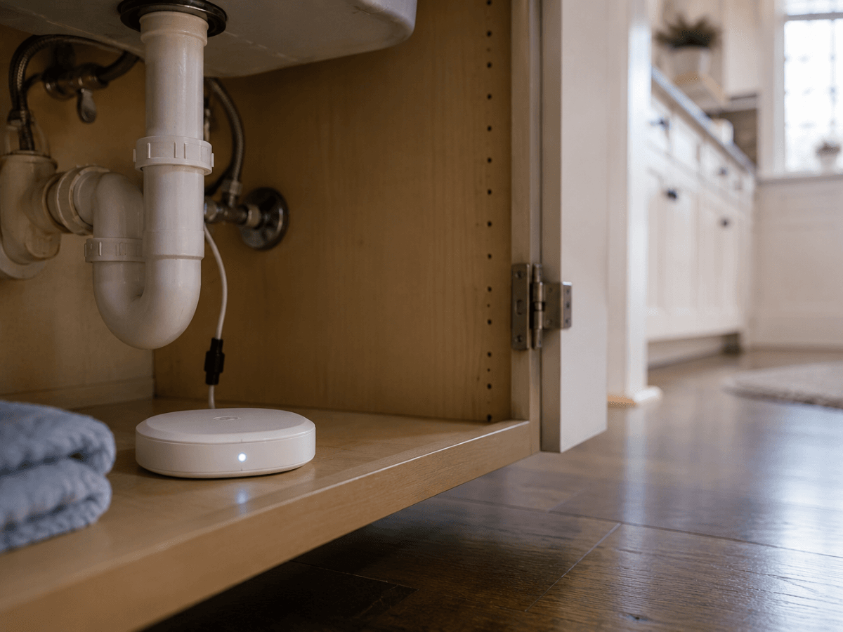 A smart leak detector is placed under a kitchen sink cabinet near pipes, next to folded blue towels.