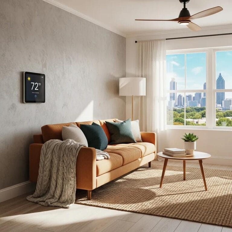 Smart thermostat in a cozy Atlanta living room, emphasizing energy efficiency and comfort