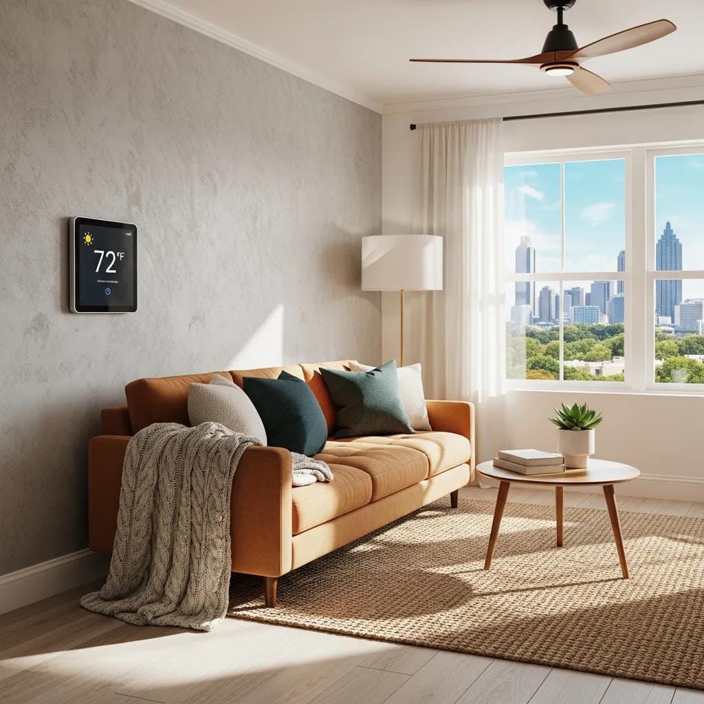 Smart thermostat in a cozy Atlanta living room, emphasizing energy efficiency and comfort