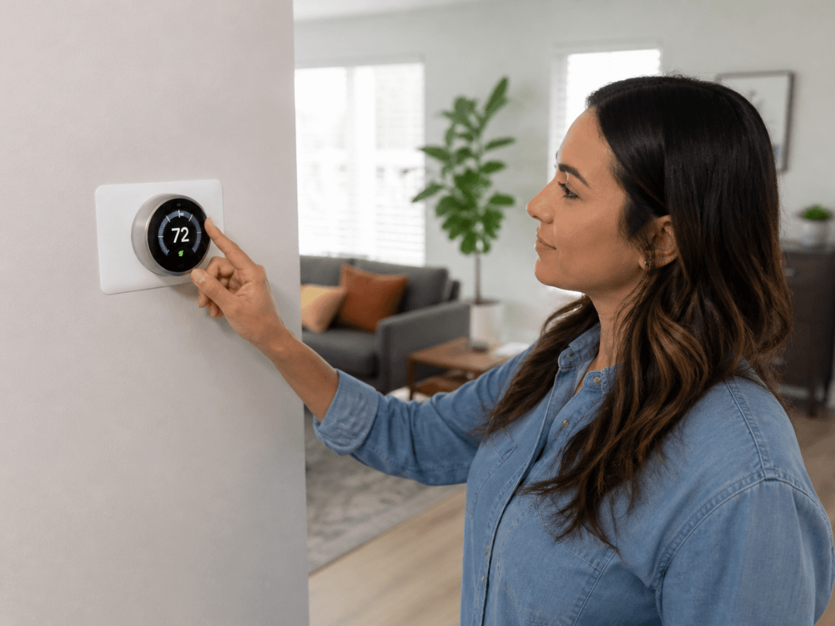 A woman adjusts a digital thermostat on a wall, setting the temperature to 72 degrees in a modern living room while applying thermostat programming tips.