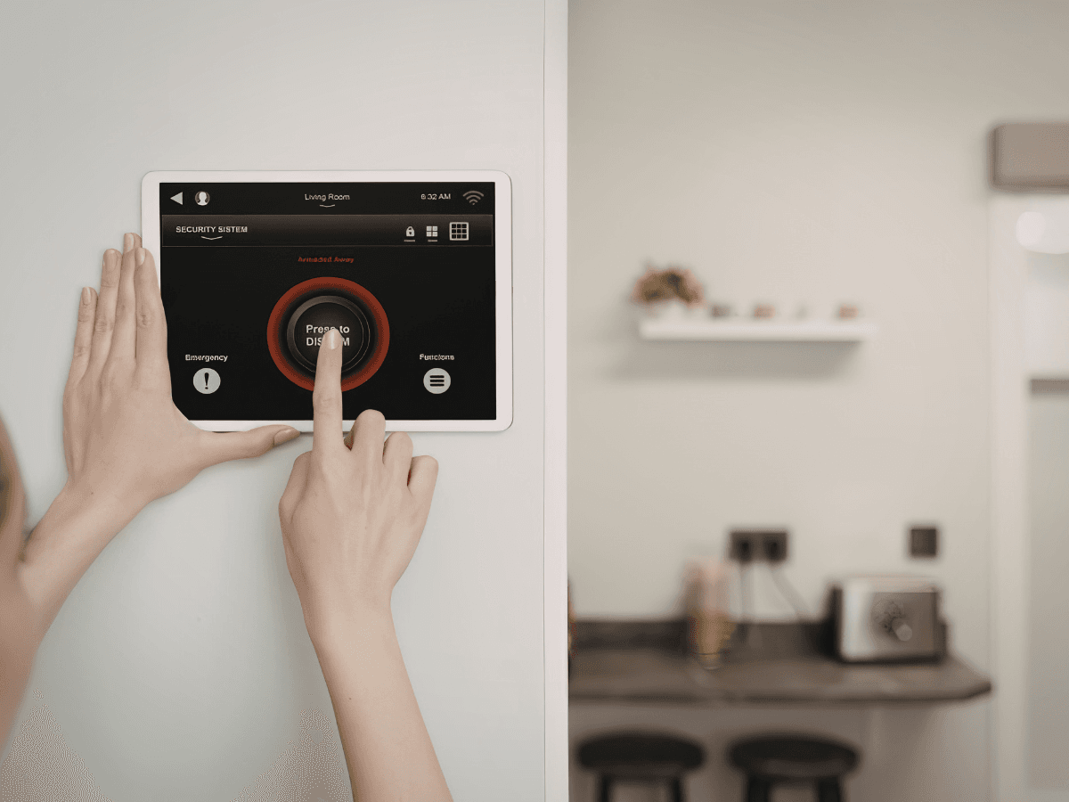 Person pressing "Protect On" on a wall-mounted smart home security system touchscreen in a modern kitchen, featuring energy-saving thermostat programming tips displayed on the screen.