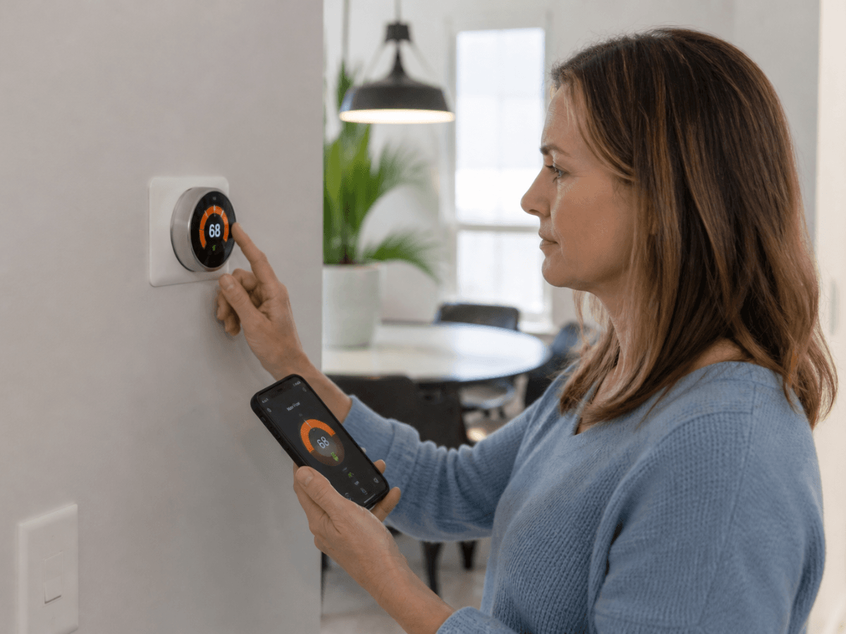 A woman adjusts a smart thermostat on the wall while holding a smartphone displaying the same thermostat interface, showcasing convenient thermostat programming tips.