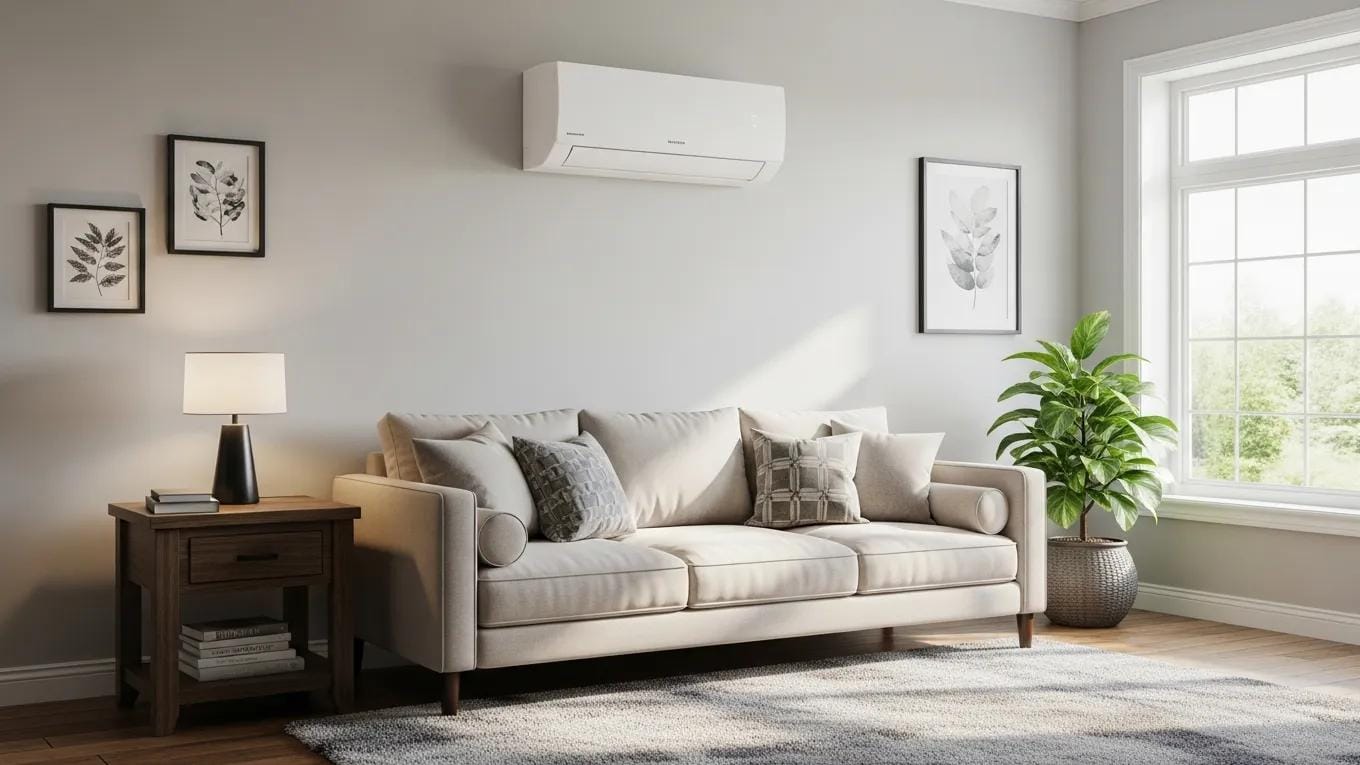Modern ductless mini-split air conditioning unit in a stylish living room