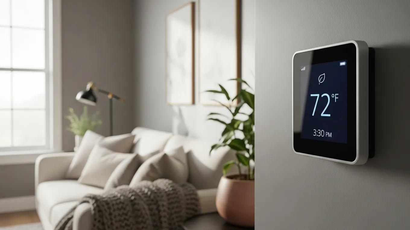 Modern smart thermostat in a stylish living room, highlighting energy efficiency